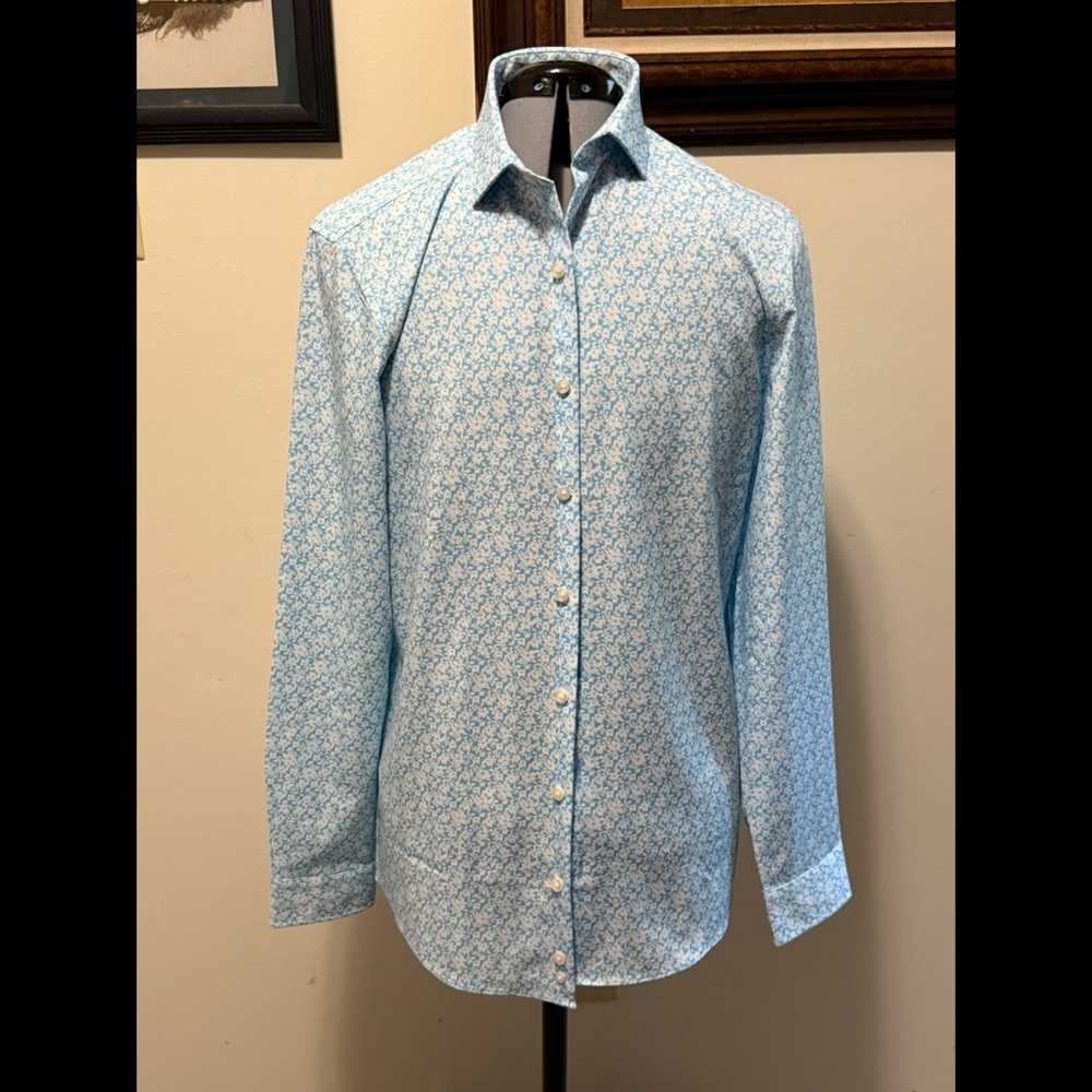 JF J.Ferrar Blue Casual Button Down Shirt with Geometric Pattern